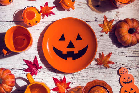 horror spooky funny ghost in halloween on holiday season greeting night celebration party with toy prop decoration and trick or treat autumn october festival and jack-o-lantern conceptの写真素材