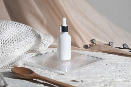 white wood table background with lifestyle, cosmetic makeup bottle lotion cream product with beauty fashion skincare healthcare mockupの写真素材