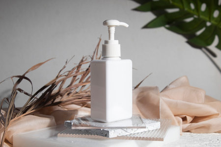 white wood table background with lifestyle, cosmetic makeup bottle lotion cream product with beauty fashion skincare healthcare mockupの写真素材
