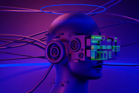 metaverse vr world simulation gaming cyberpunk style, digital robot ai, 3d illustration rendering, virtual reality deviceの写真素材