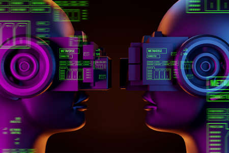 metaverse vr world simulation gaming cyberpunk style, digital robot ai, 3d illustration rendering,...