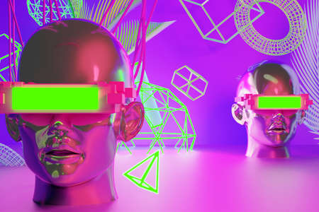 metaverse vr simulation gaming cyberpunk style, digital robot, 3d illustration rendering, virtual...