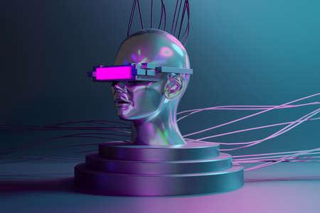 metaverse vr simulation gaming cyberpunk style, digital robot, 3d illustration rendering, virtual realityの写真素材
