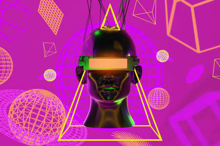 metaverse vr simulation gaming cyberpunk style, digital robot, 3d illustration rendering, virtual...