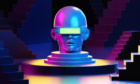 metaverse vr simulation gaming cyberpunk style, digital robot, 3d illustration rendering, virtual...