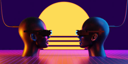 metaverse vr simulation gaming cyberpunk style, digital robot, 3d illustration rendering, virtual...