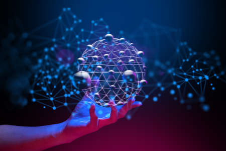 hand with social data netowork floating, ai information of internet of things, hold the global...