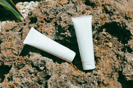 mockup of medical skin care bottle cosmetic tube of beauty makeup facial, treatment cleanser faceの写真素材