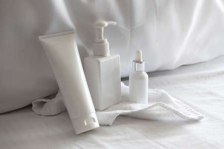 mockup of product medical skin care bottle cosmetic tube of beauty makeup facial, treatment cleanser face foamの写真素材