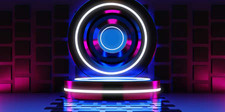 abstract backgound of scifi gaming cyberpunk, vr virtual reality simulation, scene stand pedestal...