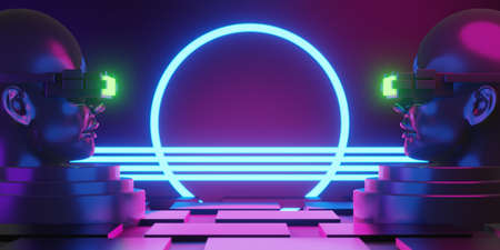 metaverse vr virtual reality with network, gaming of simulation, cyberpunk gamer background, 3d rendering illustration, scifi ai robot technologyの写真素材