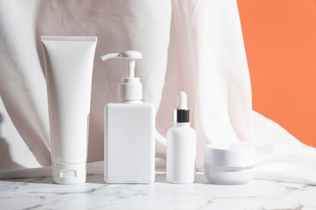 mockup of medical skin care bottle cosmetic tube of beauty makeup facial, treatment cleanser face foam, beauty healthcare branding packagingの写真素材