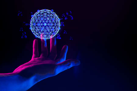 businessman hand holding bitcoin network icon on black background, metaverse internet social online...