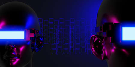 metaverse vr virtual reality with network, gaming of simulation, cyberpunk gamer background, 3d rendering illustration, scifi ai robot technologyの写真素材