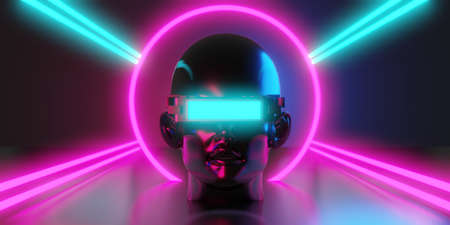 metaverse vr virtual reality with network, gaming of simulation, cyberpunk gamer background, 3d rendering illustration, scifi ai robot technologyの写真素材
