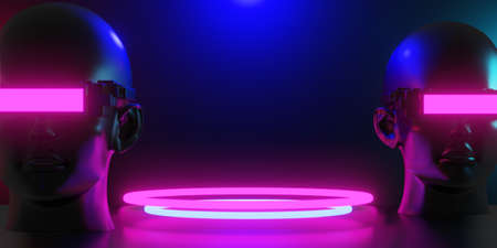 metaverse vr virtual reality with network, gaming of simulation, cyberpunk gamer background, 3d rendering illustration, scifi ai robot technologyの写真素材