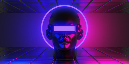metaverse vr virtual reality with network, gaming of simulation, cyberpunk gamer background, 3d rendering illustration, scifi ai robot technologyの写真素材