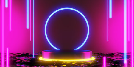 abstract backgound video game of scifi gaming cyberpunk, vr virtual reality simulation and metaverse, scene stand pedestal stage, 3d illustration rendering, futuristic neon glow roomの写真素材