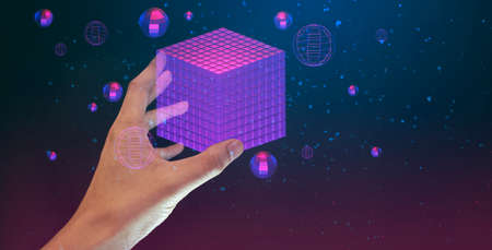 businessman hand holding holographic of  metaverse network on black background, metaverse internet social online technology, digital cryptocurrency coinの写真素材