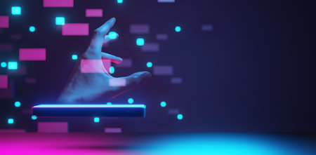 businessman hand holding holographic of  metaverse network on black background, metaverse internet social online technology, digital cryptocurrency coinの写真素材