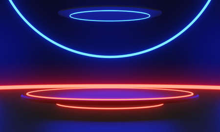 abstract backgound video game of scifi gaming cyberpunk, vr virtual reality simulation and metaverse, scene stand pedestal stage, 3d illustration rendering, futuristic neon glow roomの写真素材