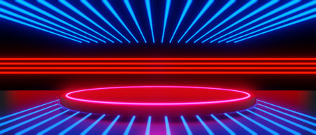 abstract backgound video game of esports scifi gaming cyberpunk, vr virtual reality simulation and metaverse, scene stand pedestal stage, 3d illustration rendering, futuristic neon glow roomの写真素材