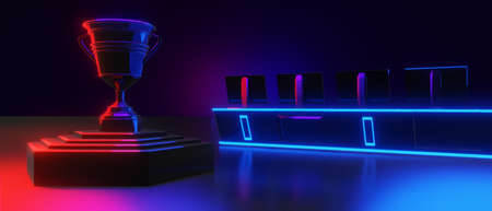 abstract video game of scifi gaming red blue vs e-sports backgound, vr virtual reality simulation and metaverse, scene stand pedestal stage, 3d illustration rendering, futuristic neon glow roomの写真素材
