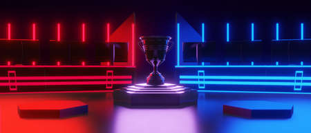 abstract video game of scifi gaming red blue vs e-sports backgound, vr virtual reality simulation and metaverse, scene stand pedestal stage, 3d illustration rendering, futuristic neon glow roomの写真素材