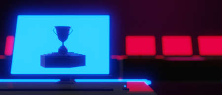 abstract video game of scifi gaming red blue vs e-sports backgound, vr virtual reality simulation and metaverse, scene stand pedestal stage, 3d illustration rendering, futuristic neon glow roomの写真素材