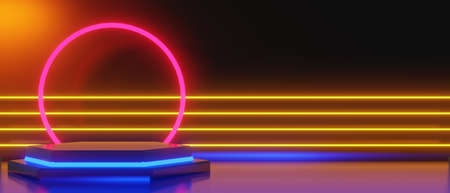 abstract backgound video game of esports scifi gaming cyberpunk, vr virtual reality simulation and metaverse, scene stand pedestal stage, 3d illustration rendering, futuristic neon glow roomの写真素材