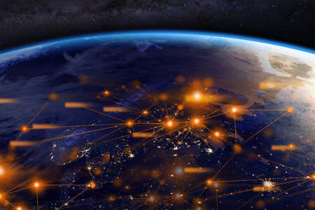 earth and network of internet satellite for telecom,globe data cloud storage of 5g, global...