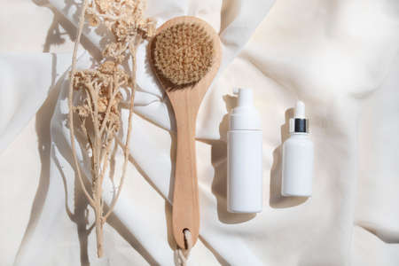 mockup of skin care bottle cosmetic tube of beauty makeup facial, treatment cleanser face foam, sunscreen healthcare branding packagingの写真素材