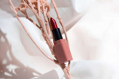 mockup of lipstick red gloss cosmetic tube container of beauty makeup facial, healthcare branding packagingの写真素材