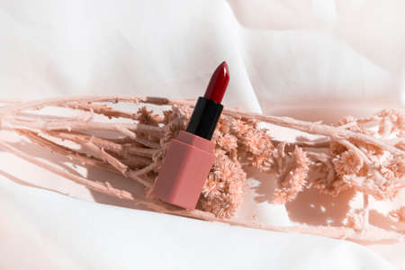 mockup of lipstick red gloss cosmetic tube container of beauty makeup facial, healthcare branding packagingの写真素材