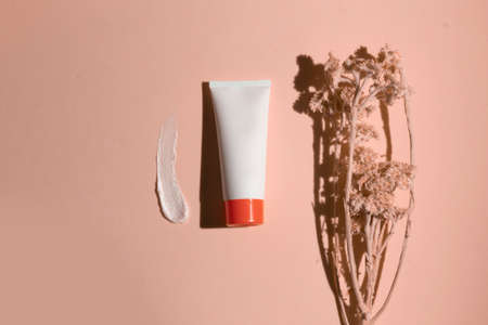 mockup of skin care serum dropper bottle cosmetic tube of beauty makeup facial, treatment cleanser face foam, sunscreen healthcare branding packagingの写真素材