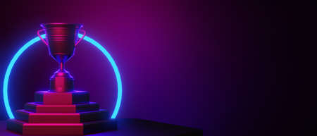 champion cup award tournament, video game of scifi gaming red blue vs e-sports backgound, vr virtual reality simulation and metaverse, scene stand pedestal stage, 3d illustration renderingの写真素材