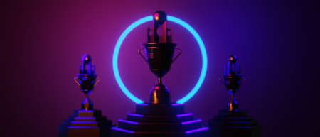 champion cup award tournament, video game of scifi gaming red blue vs e-sports backgound, vr virtual reality simulation and metaverse, scene stand pedestal stage, 3d illustration renderingの写真素材