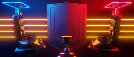 champion cup award tournament, video game of scifi gaming red blue vs e-sports backgound, vr virtual...