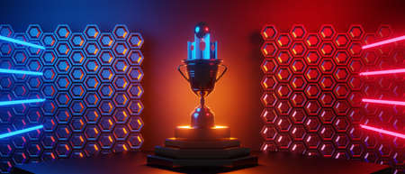 champion cup award tournament, video game of scifi gaming red blue vs e-sports backgound, vr virtual reality simulation and metaverse, scene stand pedestal stage, 3d illustration renderingの写真素材