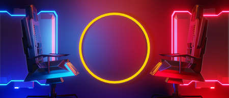 champion cup award tournament, video game of scifi gaming red blue vs e-sports backgound, vr virtual reality simulation and metaverse, scene stand pedestal stage, 3d illustration renderingの写真素材