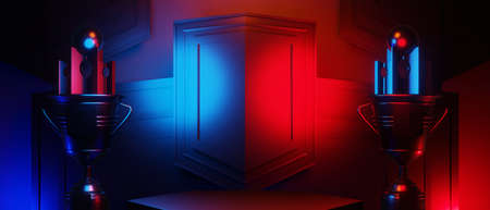 champion cup award tournament, video game of scifi gaming red blue vs e-sports backgound, vr virtual reality simulation and metaverse, scene stand pedestal stage, 3d illustration renderingの写真素材