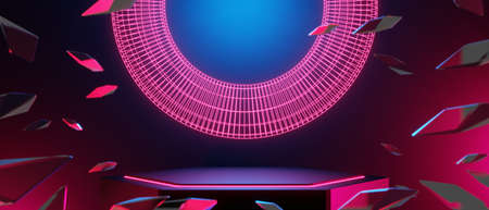 abstract backgound video game of esports scifi gaming cyberpunk, vr virtual reality simulation and metaverse, scene stand pedestal stage, 3d illustration rendering, futuristic neon glow roomの写真素材
