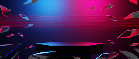 abstract backgound video game of esports scifi gaming cyberpunk, vr virtual reality simulation and metaverse, scene stand pedestal stage, 3d illustration rendering, futuristic neon glow roomの写真素材