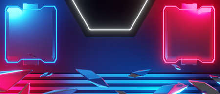 abstract backgound video game of esports scifi gaming cyberpunk, vr virtual reality simulation and metaverse, scene stand pedestal stage, 3d illustration rendering, futuristic neon glow roomの写真素材