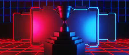 abstract backgound video game of esports scifi gaming cyberpunk, vr virtual reality simulation and metaverse, scene stand pedestal stage, 3d illustration rendering, futuristic neon glow roomの写真素材