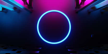 abstract backgound video game of esports scifi gaming cyberpunk, vr virtual reality simulation and metaverse, scene stand pedestal stage, 3d illustration rendering, futuristic neon glow roomの写真素材