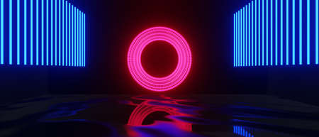 abstract backgound video game of esports scifi gaming cyberpunk, vr virtual reality simulation and metaverse, scene stand pedestal stage, 3d illustration rendering, futuristic neon glow roomの写真素材