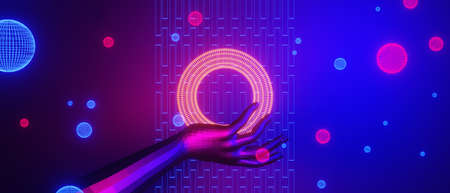 robot hand, abstract backgound video game of esports scifi gaming cyberpunk, vr virtual reality simulation and metaverse, scene stand pedestal stage, 3d illustration rendering, futuristic neon glowの写真素材