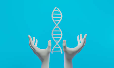 hand with dna human helix molecules cell, research of science biological,man with blood structure genome, 3d illustration renderingの写真素材