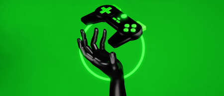 hand backgound video game of esports scifi gaming cyberpunk, vr virtual reality simulation and...